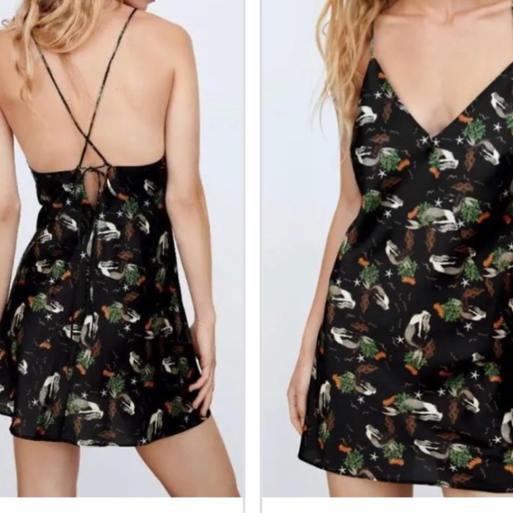 NWT Zara Black Satin Slip Dress Spaghetti Straps Mermaid Print Sexy Mini Size S - Picture 12 of 13